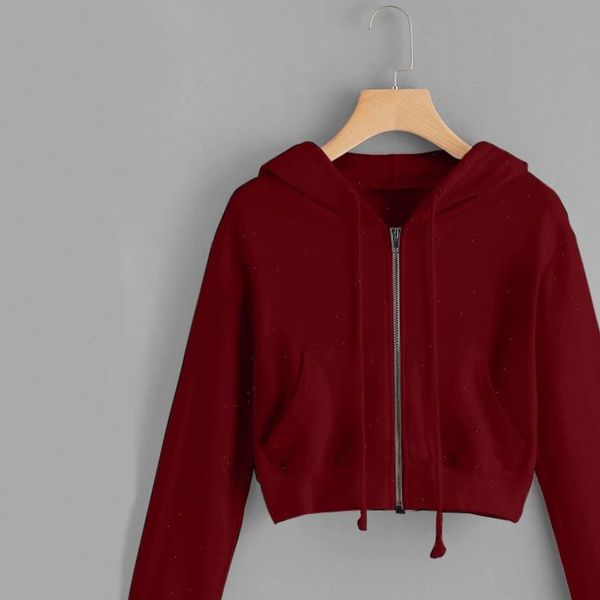 

casual solid long sleeve zipper womens sweatshirts up pocket coat hooded cropped hoodie bluza damska 38, Black