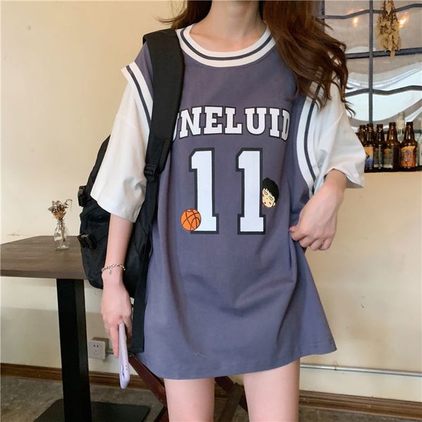 

women's t-shirt non-existent two-piece uniform basketball t-shirt of women 2021 short korean loose sleeves mid length streetwear female, White