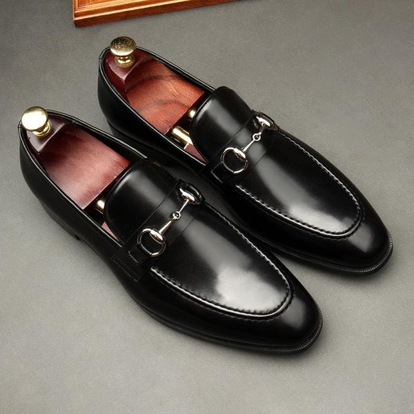 

dress shoes large size eur45 black mens loafers casual business genuine leather wedding with buckle