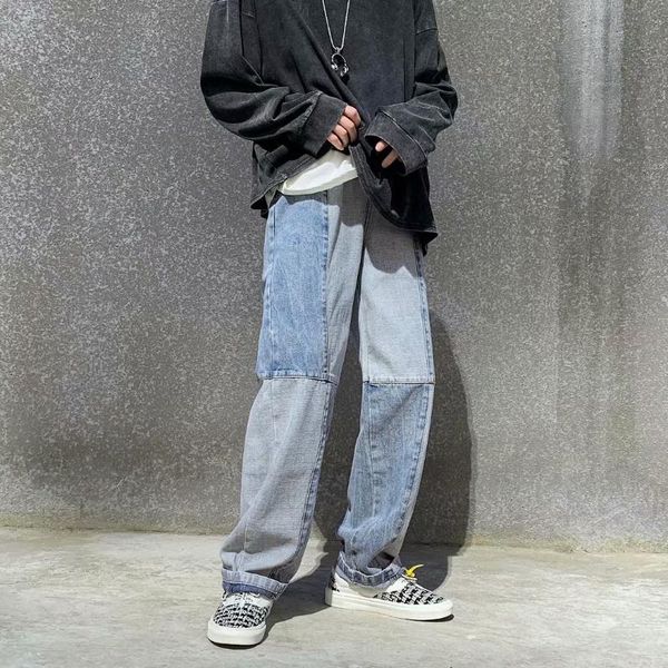 

men's jeans fashion loose straight casual wide leg pants cowboy mans streetwear korean hip hop trousers spring summer, Blue