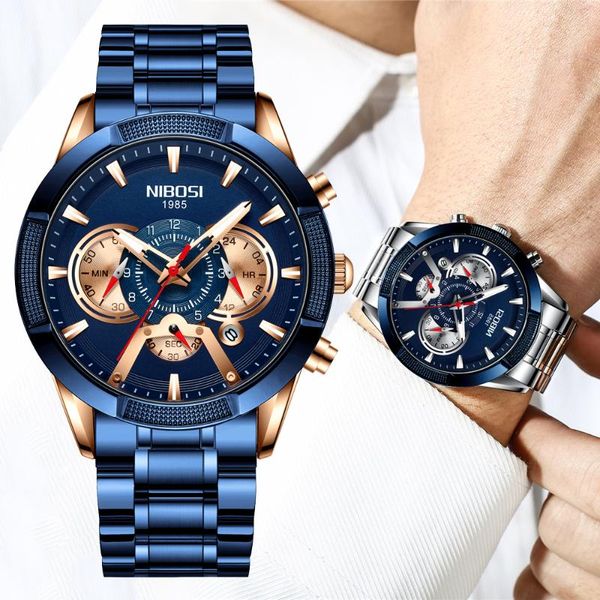 

wristwatches nibosi blue business men watches waterproof chronograph luminous auto date quartz wrist watch relogio masculin, Slivery;brown