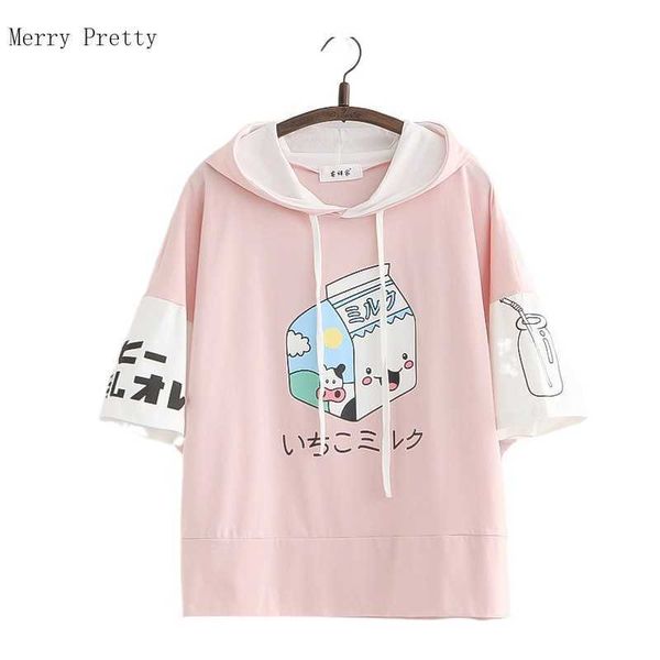 

harajuku cartoon print cotton hoodies sweatshirt women summer patchwork korean ladies sweet style kawaii cute 210526, Black