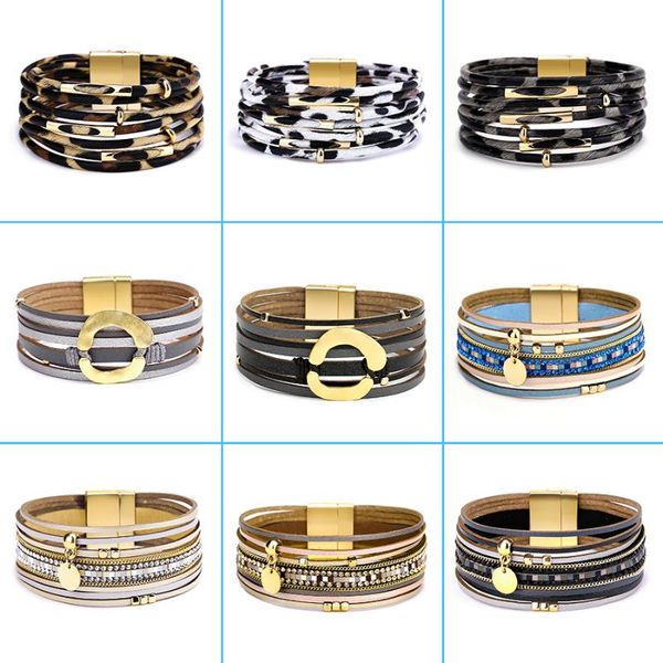 

charm bracelets leopard multilayers print leather bracelet fashion wide alloy magnetic buckle for women vintage jewelery, Golden;silver