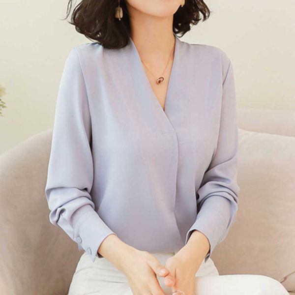 

korean fashion chiffon blouse shirt elegant women long sleeve blouses woman v-neck white ol plus size blusas mujer de moda 210531