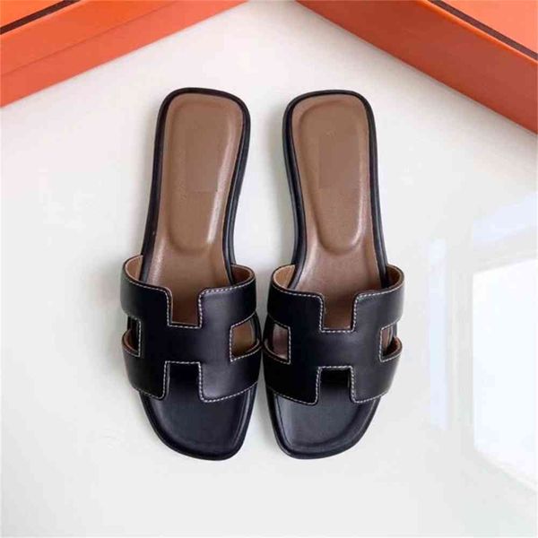 

80% off outlet store summer classic new h-slipper leather cow leather one line beach women's sandal flat slippers, Black