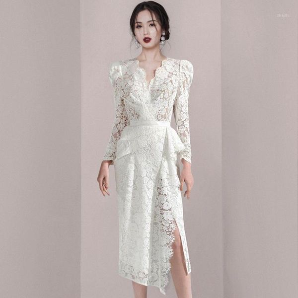 

two piece dress 2021 autumn fashion women's v-neck lace celebrity high-grade luxury waist show thin, White