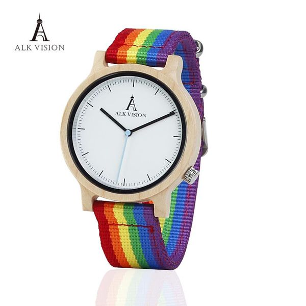 

wristwatches alk vision rainbow wood watches women wooden watch with canvas bands fashion casual wristwatch, Slivery;brown