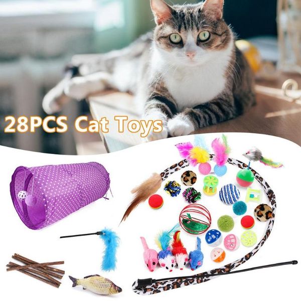 

cat toys 28pcs pet toy set tunnel fish mouse feather tease stick molar