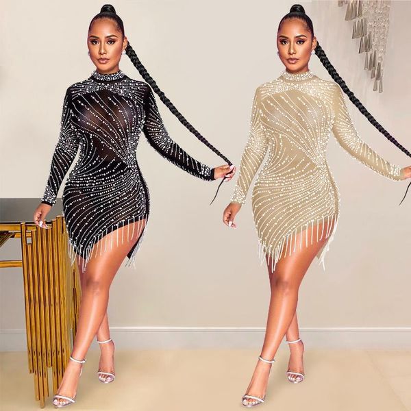 

women's wool & blends x5216 nightclub screen perspective drill bubble bead tassel round neck long sleeve dress, Black