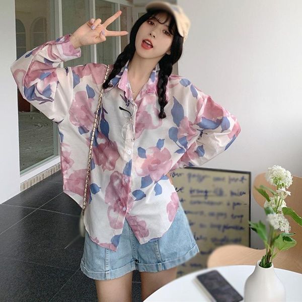 

women's blouses & shirts jlong summer chiffon vintage floral print women long sleeves sunscreen, White