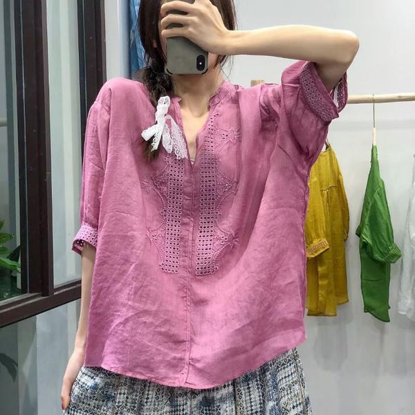

women's blouses & shirts women shirt 2021 summer loose hollow out pullovers blouse v-neck half sleeve casual ladies ramie, White