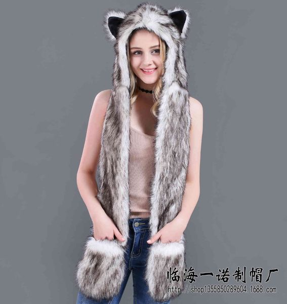 

hat imitation fur cartoon animal scarf glove integrated winter, Blue;gray