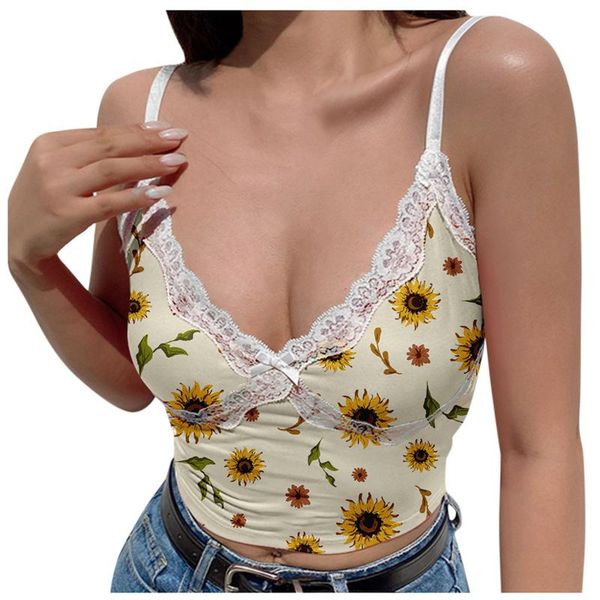 

women's tanks & camis y2k clothes for women girls sunflower print corset stitching camisole staghettiÂ mujer bustiers femme, White