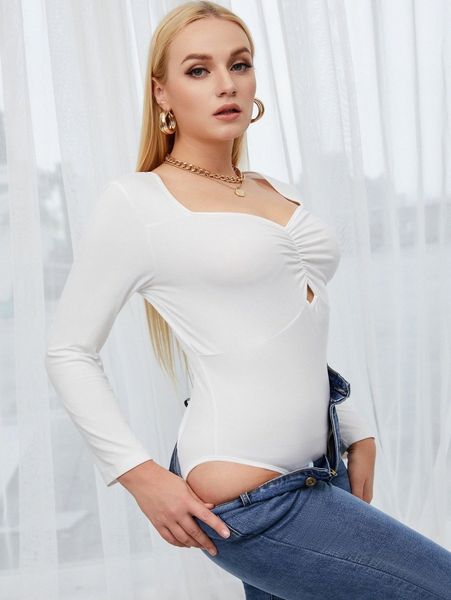 

plus sweetheart neck ruched cut out bodysuit h9q2#, Black