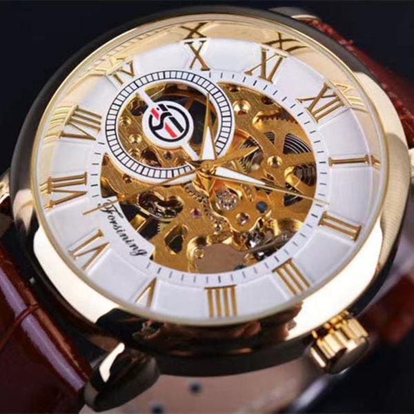

wristwatches forsining 3d logo design hollow engraving black gold case leather skeleton mechanical watches men heren horloge, Slivery;brown