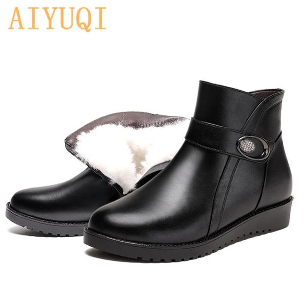 

boots aiyuqi 2021 winter mom snow natural full cowhide flat non-slip wool casual women, Black