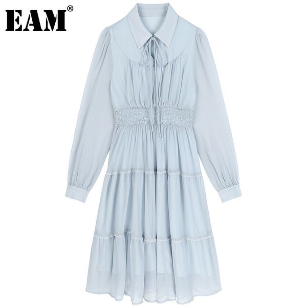 

[eam] women blue pleated ruffles chiffon mid-calf dress lapel long sleeve loose fit fashion spring summer 1dd8006 210512, Black;gray