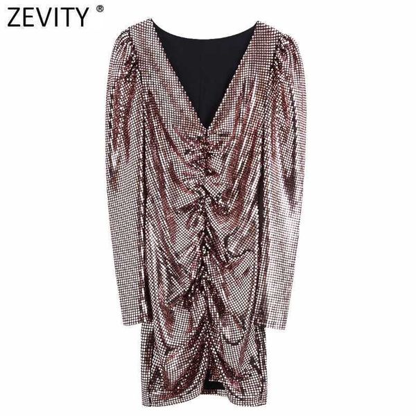 

zevity spring women v neck puff sleeve sequined pleated slim mini dress female chic club party vestidos casual cloth ds4880 210603, Black;gray