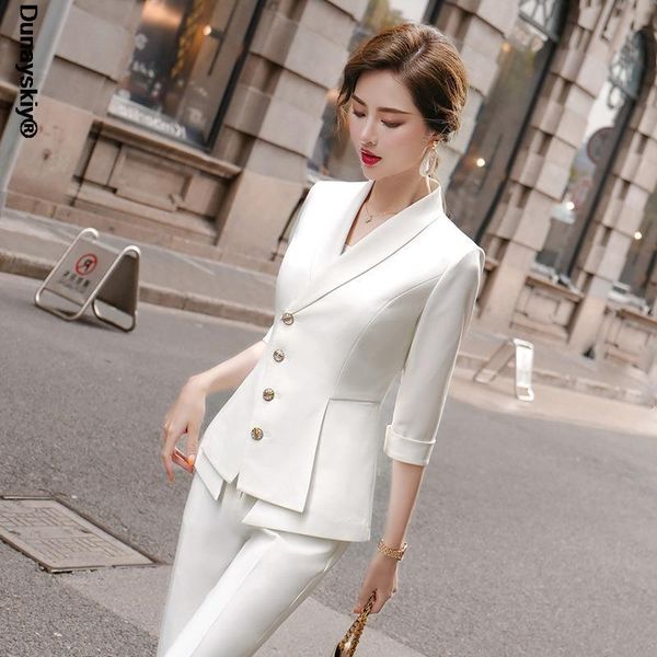 

women's two piece pants casual suit set 2021 summer elegant ladies white blazer jacket business attire