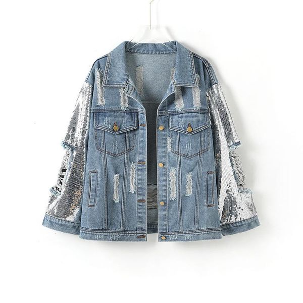 

women's jackets 2021 autumn winter denim jacket women boyfriend jean coat fashion loose sequins holes outerwear chic streetwear wj139, Black;brown