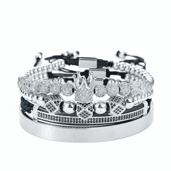 

4 pcs copper bracelet inlaid zircon crown diamond ball double row combination adjustable, Golden;silver