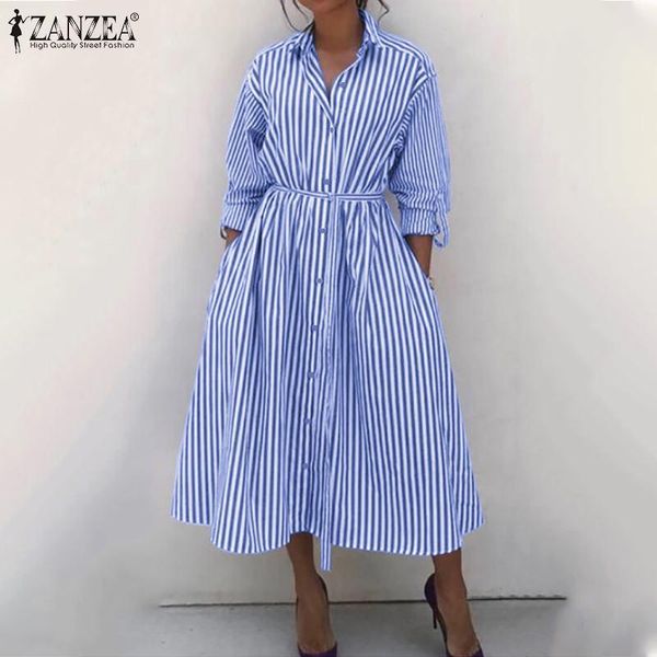 

stylish zanzea spring long sleeve striped dress autumn women ol a-line shirt female lapel neck belt vestidos robe sundress casual dresses, Black;gray
