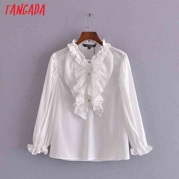 

women beading buttons white ruffles shirts long sleeve solid elegant office ladies work wear blouses 3h303 210416