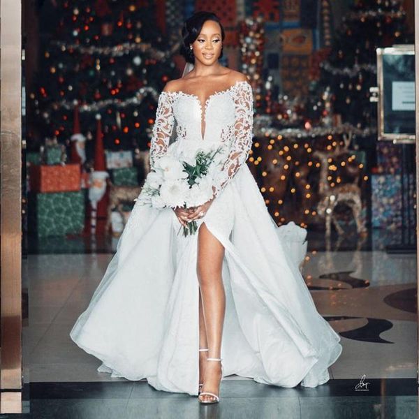 2021 Vestido de casamento da sereia africano vestido de noiva com trem destacável fora do ombro Laço de manga comprida apliques frisado vestido de noiva senhora vestidos de casamento