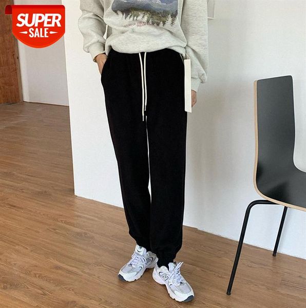 

[huang zheng] corduroy high-waisted straight leg-fitting sports casual pants women loose radish k72162 #ba7l, Black;gray