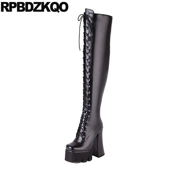 

boots square toe high heel platform over the knee dance stripper pole gothic big size chunky 10 goth thigh for plus women shoes, Black