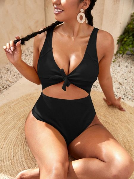 

plus solid knot front cut out one piece swimsuit l0pt#, Black