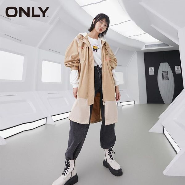 

women's mid-length stitching color letter printed hooded trench coat |120136565 coats, Tan;black