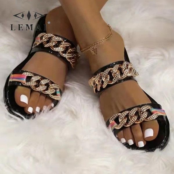 

slippers lemai plus size 36-43 women's summer slides chain decoration casual shoes comfortable flat sandals for women, Black