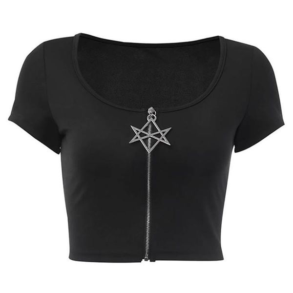 

women's t-shirt fashion summer black short punk geometric pendant zipper crop gothic scoop neck sleeve for women girls, White