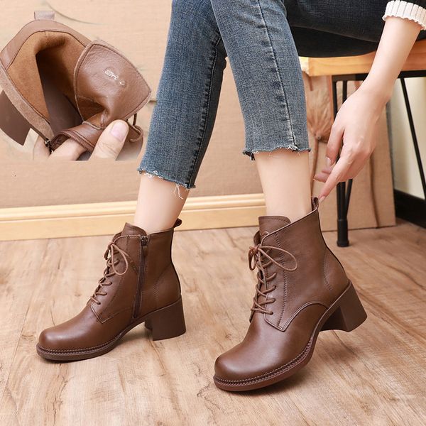 

short women's autumn single fashion thick high bare middle heel leather martin boots, Black