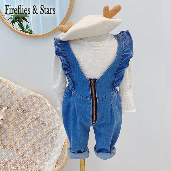 

jumpsuits spring autumn girls denim overall baby one piece kids children clothes fashion flying sleeve ruched 1 to 7 yrs, Blue