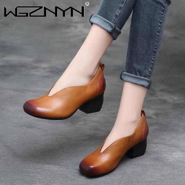 

dress shoes autumn spring 2021 retro style genuine pu leather handmade women thick with heels pumps round toe high womens, Black