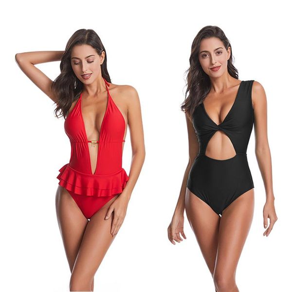 

one-piece suits long neck ruffles one piece swimsuit women woman female halter monokini bodysuit swimwear