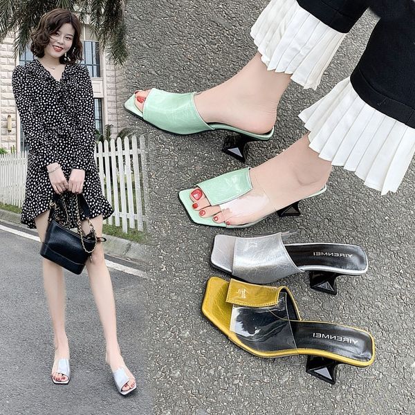 

casual shoes woman transparent pvc slippers crystal cup high heels square open toe ladies slippers women shoes mules slides c0410, Black