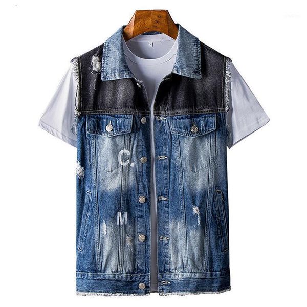 

men's vests patchwork sleeveless fringe denim vest letters printed holes ripped jean waistcoat tank v7s8, Black;white