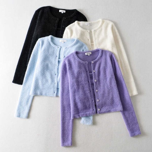 

women's knits & tees 1 set spring korea style vintage solid color cardigan tank round collar single-breasted button g1wj, White