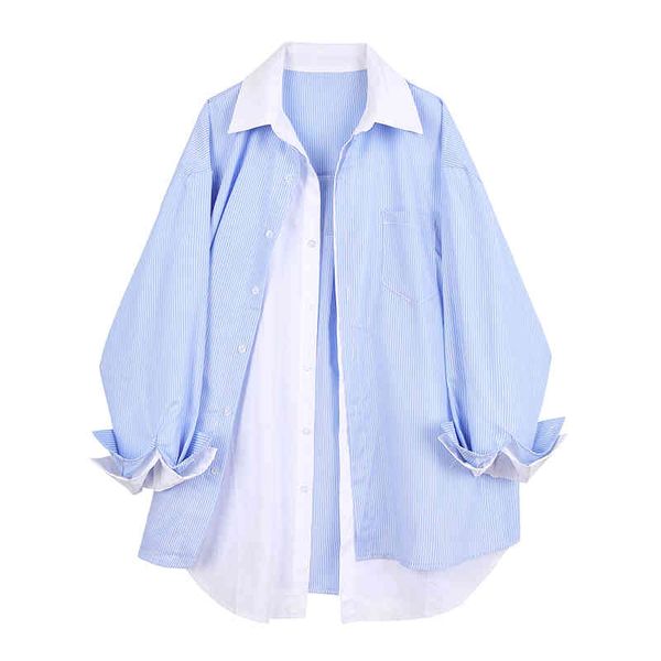 

fake two-piece shirt full autumn new design striped patchwork casual blouse women 210421, White