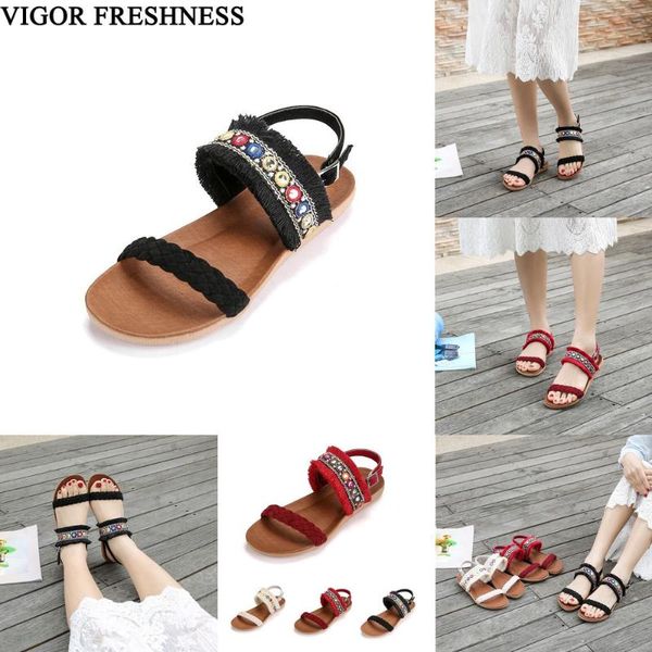 

sandals woman shoes summer flat heels woman's retro flats bohemia beach flower wy235, Black