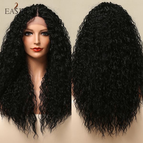 

long curly lace front wig black lace frontal synthetic wig for black women kinky deep wave wig heat resistant