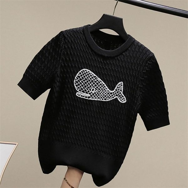 

women's knits & tees summer embroidery cartoon whale knitted pullovers women fashion short sleeve o-neck black s-l slim sweat, White