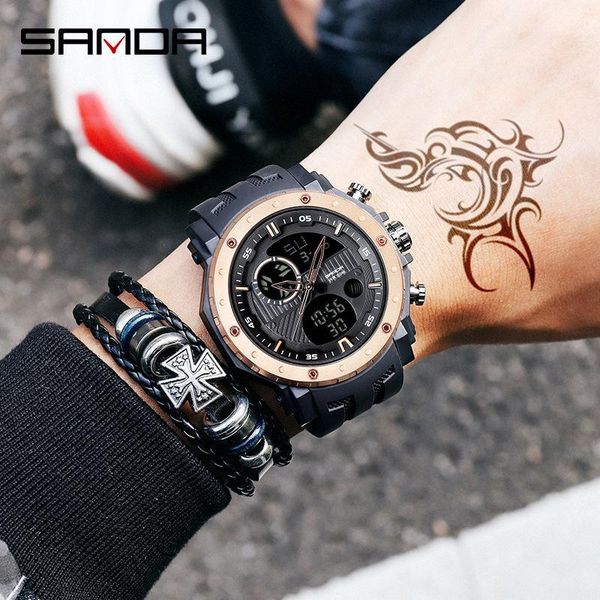 

wristwatches sanda sport men watches led digital luminous for multi-function dual-display watch waterproof outdoor hour, Slivery;brown
