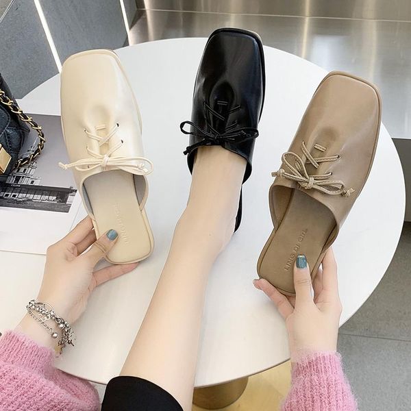 

low shoes loafers pu slippers casual slipers women slides square toe female mule luxury 2021 mules flat cover fashion rome, Black
