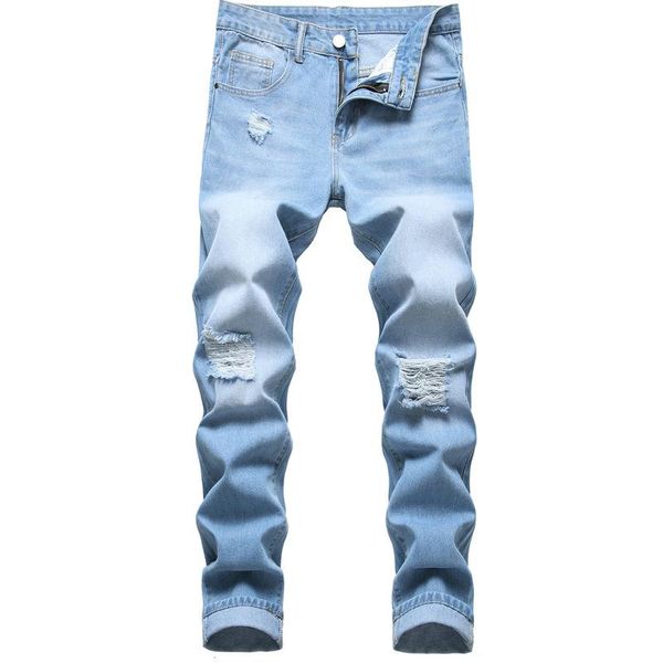 

men's wear hole straight fit jeans pants large light, Blue