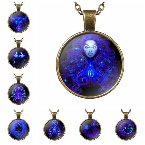

fashion 12 constellation glass pendant necklace charm blue purple dome neutral jewelry necklaces, Silver