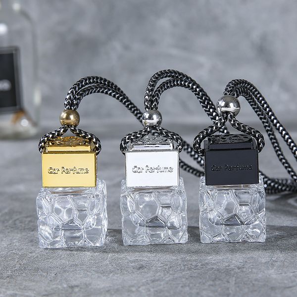 Cubo oco preto ouro prata carro perfume garrafa de perfume pendurado fralador de ar fragner difusor garrafas para óleos essenciais